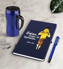 Kişiye Özel Babam Bildiğim Tek Kahraman Lacivert Defter Kalem Termos Mug Seti