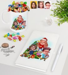 Kişiye Özel Yeni Yıl 3 Kardeş Karikatürlü Beyaz Defter Kalem Kupa ve Haribo Şeker Hediye Seti-1