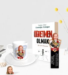 Kişiye Özel Kadın Öğretmen Karikatürlü Türk Kahvesi Fincanı Ahşap Kitap Ayracı ve Öğretmen Olmak Kitabı Hediye Seti-4