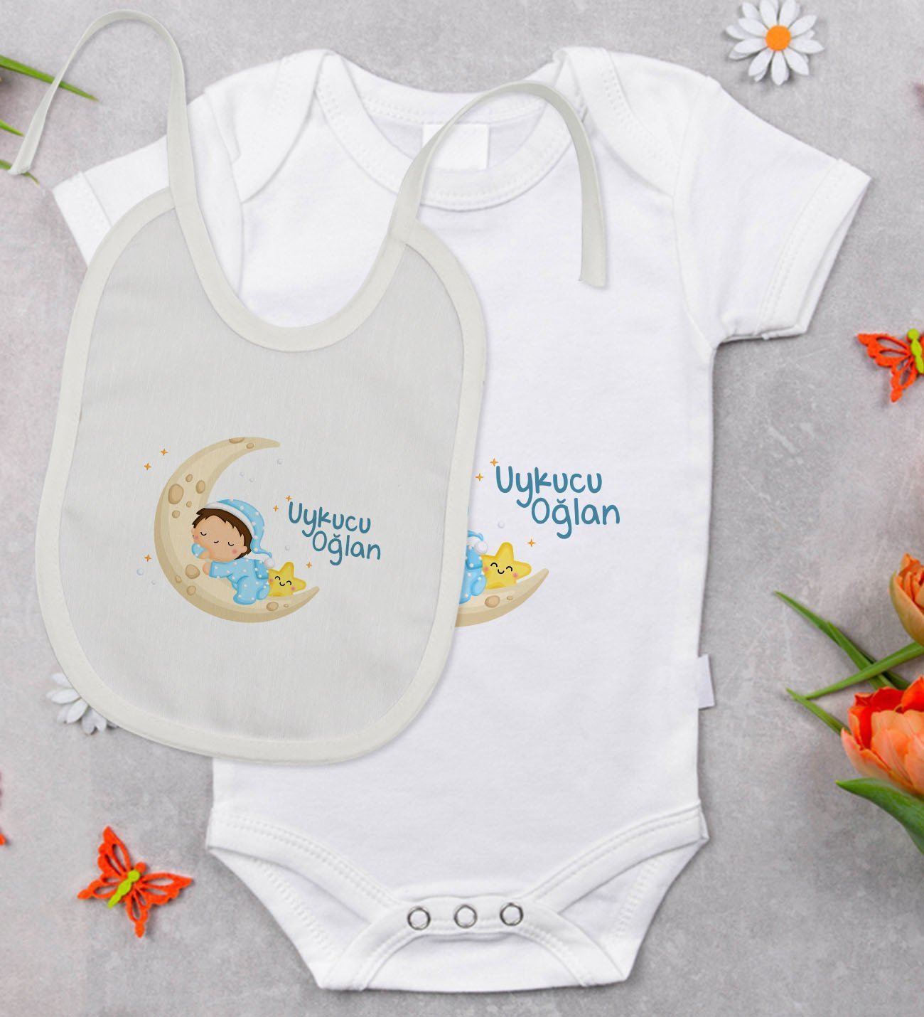 BK Kids Uykucu Oğlan Tasarımlı Bebek Body Zıbın ve Mama Önlüğü Hediye Seti - Model 1