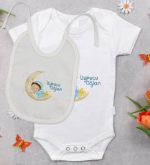 BK Kids Uykucu Oğlan Tasarımlı Bebek Body Zıbın ve Mama Önlüğü Hediye Seti - Model 1
