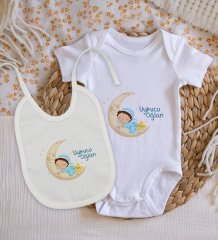 BK Kids Uykucu Oğlan Tasarımlı Bebek Body Zıbın ve Mama Önlüğü Hediye Seti - Model 1