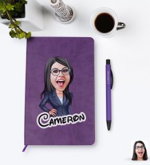 Kişiye Özel Kadın Patron Karikatürlü Mor Termo Deri Defter Kalem Seti Model 4