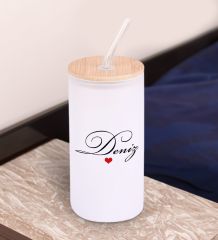BK Gift İsimli Beyaz Renk Pipetli Buzlu Cam Bardak 600ml - 5, Arkadaşa Hediye, Doğum Günü Hediyesi