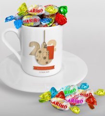 BK Gift Kişiye Özel 2023 Mutlu Yıllar Türk Kahvesi Fincanı ve Haribo Şeker Hediye Seti-3