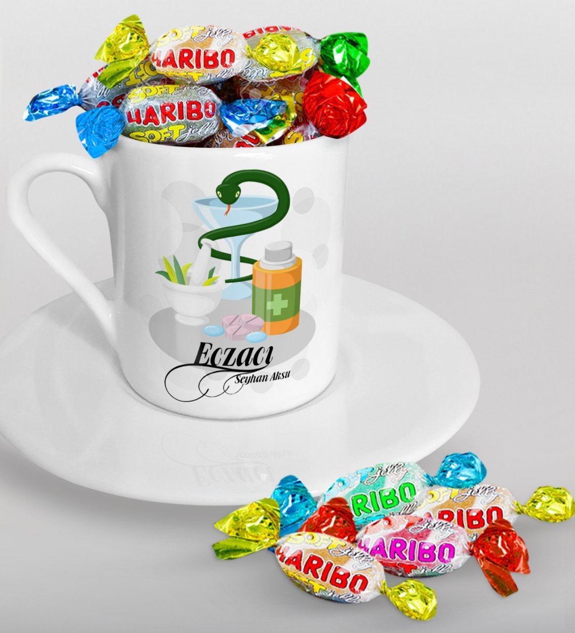 Kişiye Özel Eczacı Türk Kahvesi Fincanı ve Haribo Şeker Hediye Seti-6