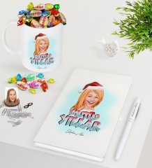 Kişiye Özel Kadın Yeni Yıl Karikatürlü Beyaz Defter Kalem Kupa ve Haribo Şeker Hediye Seti-3