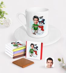 Kişiye Özel Erkek Yeni Yıl Karikatürlü Türk Kahvesi Fincanı ve Çikolata Hediye Seti-3