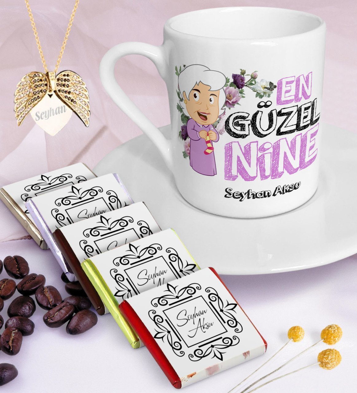 Kişiye Özel En Güzel Nine Kahve Fincanı Çikolata Melek Kanadı Kolye Seti