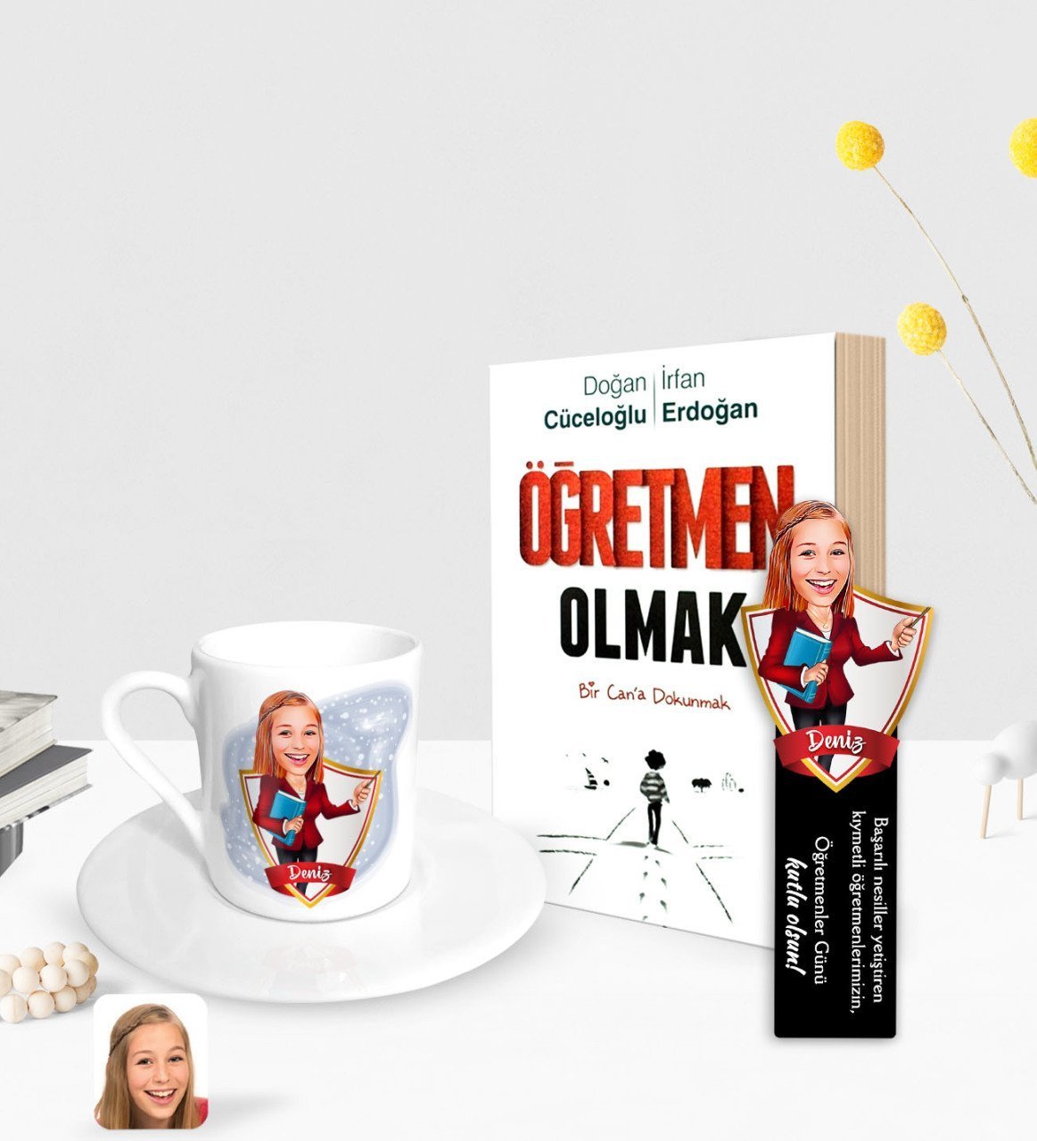 Kişiye Özel Kadın Öğretmen Karikatürlü Türk Kahvesi Fincanı Ahşap Kitap Ayracı ve Öğretmen Olmak Kitabı Hediye Seti-3