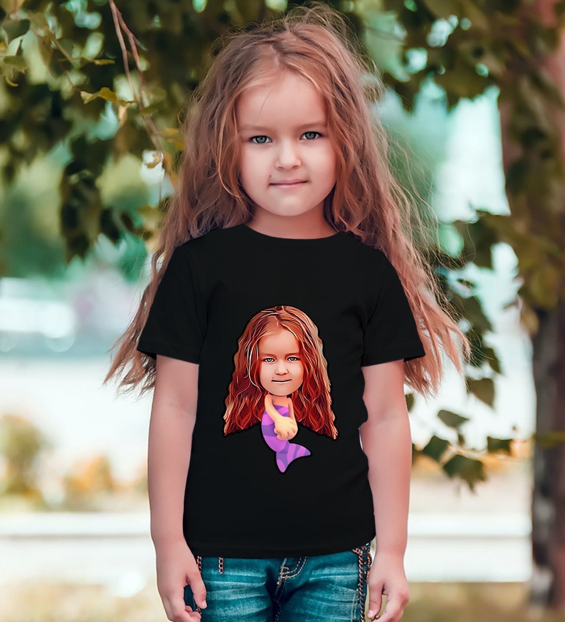 Kişiye Özel Deniz Kızı Karikatürlü Siyah T-Shirt-2