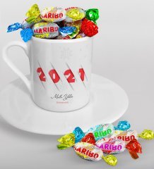 BK Gift Kişiye Özel 2023 Mutlu Yıllar Türk Kahvesi Fincanı ve Haribo Şeker Hediye Seti-2