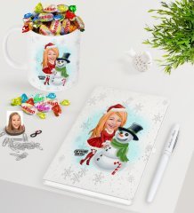Kişiye Özel Kadın Yeni Yıl Karikatürlü Beyaz Defter Kalem Kupa ve Haribo Şeker Hediye Seti-2