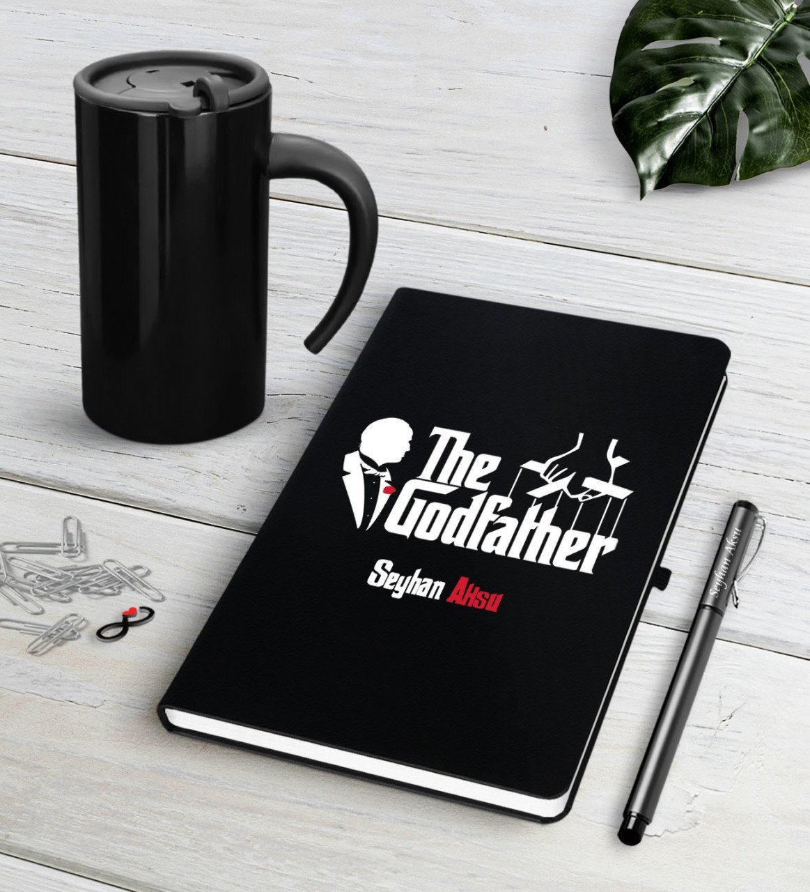 Kişiye Özel The Godfather Siyah Defter Kalem Termos Mug Seti