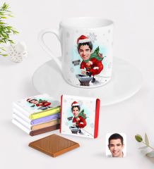 Kişiye Özel Erkek Yeni Yıl Karikatürlü Türk Kahvesi Fincanı ve Çikolata Hediye Seti-2