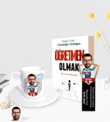 Kişiye Özel Erkek Öğretmen Karikatürlü Türk Kahvesi Fincanı Ahşap Kitap Ayracı ve Öğretmen Olmak Kitabı Hediye Seti-2