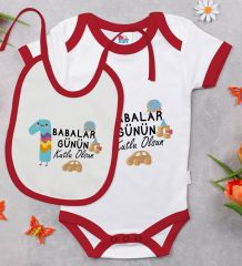 BK Kids İlk Babalar Günü Tasarımlı Kırmızı Bebek Body Zıbın ve Mama Önlüğü Hediye Seti-4