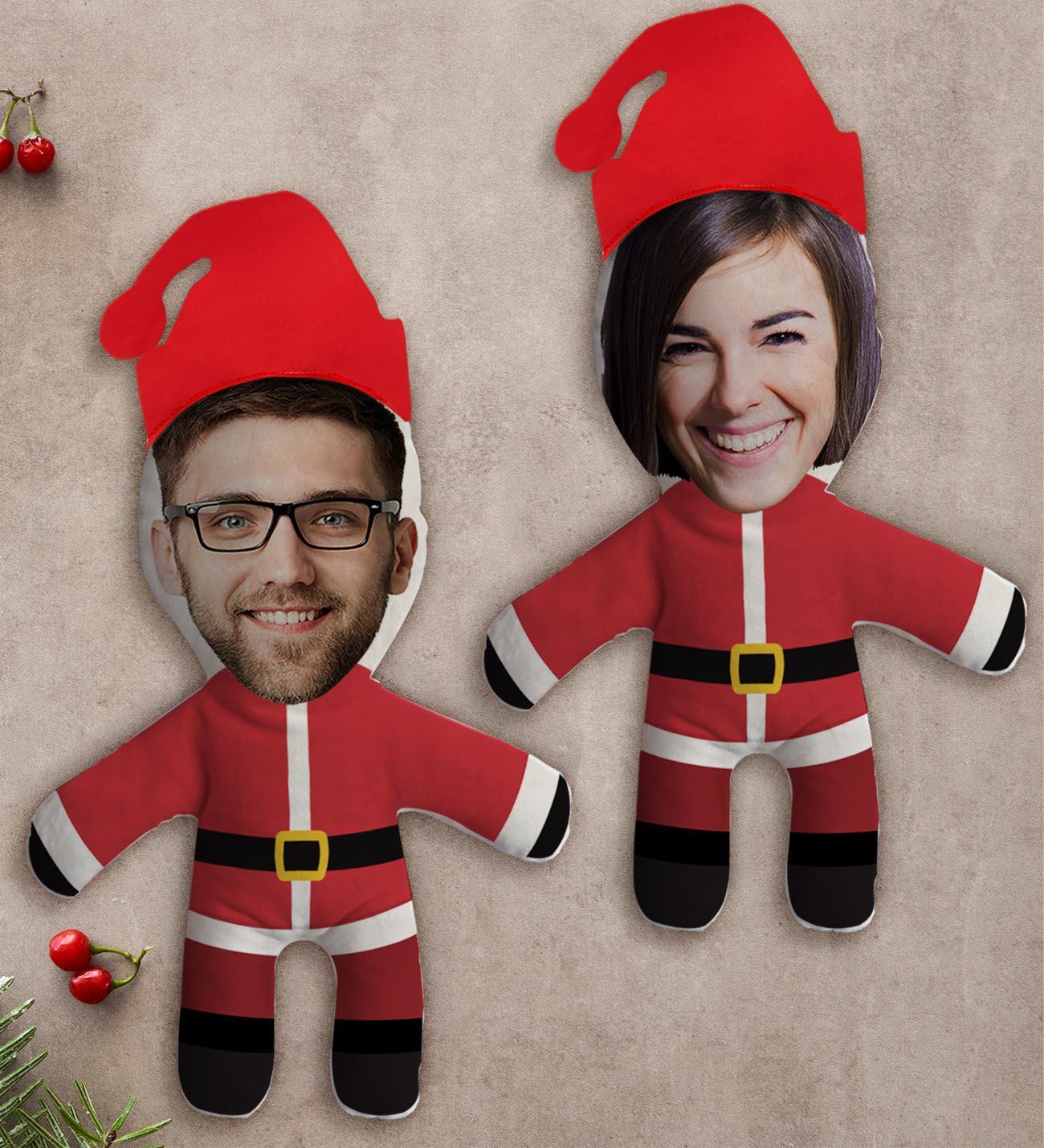 BK Gift Kişiye Özel Fotoğraflı Yılbaşı Kostümlü Çiftler 2’li Bebek Yastık Seti-1