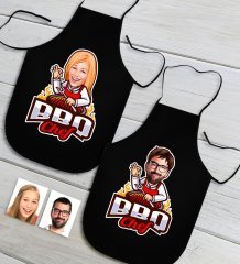 Kişiye Özel İkili Bay ve Bayan Barbekü Chef Karikatürlü Siyah Mutfak Önlüğü Seti