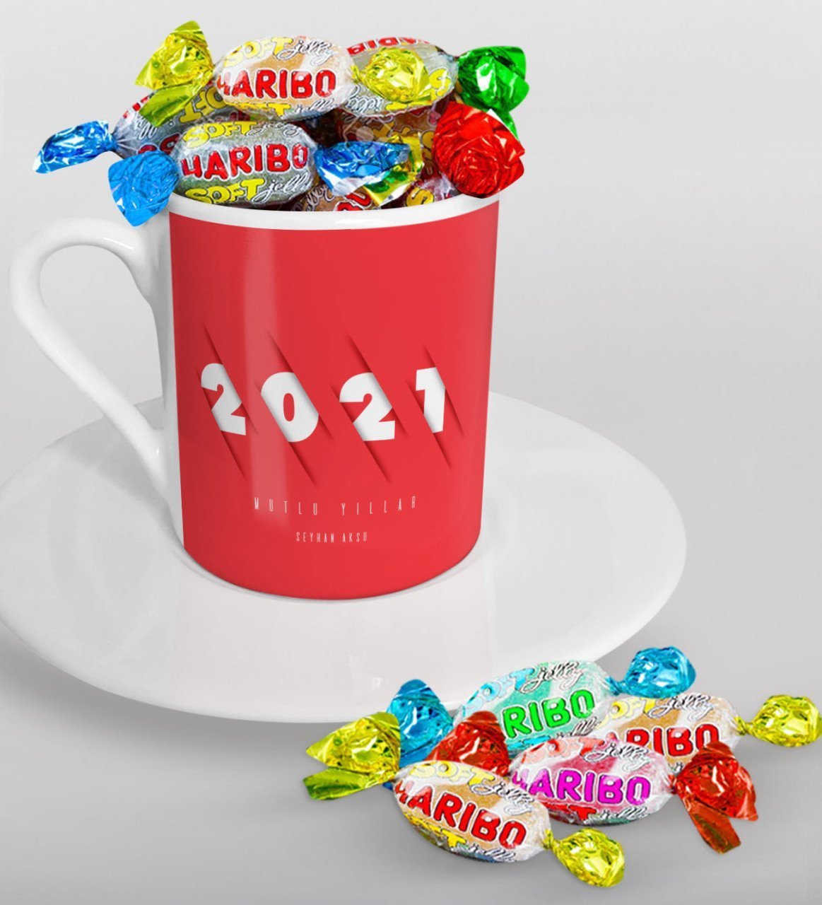 BK Gift Kişiye Özel 2023 Mutlu Yıllar Türk Kahvesi Fincanı ve Haribo Şeker Hediye Seti-1