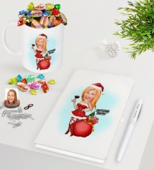 Kişiye Özel Kadın Yeni Yıl Karikatürlü Beyaz Defter Kalem Kupa ve Haribo Şeker Hediye Seti-1