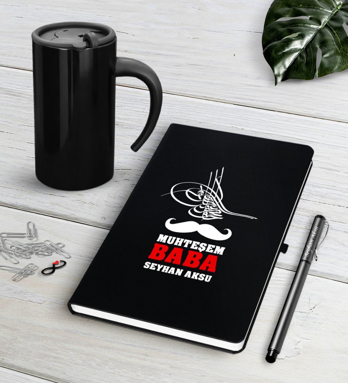 Kişiye Özel Muhteşem Baba Siyah Defter Kalem Termos Mug Seti