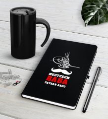 Kişiye Özel Muhteşem Baba Siyah Defter Kalem Termos Mug Seti
