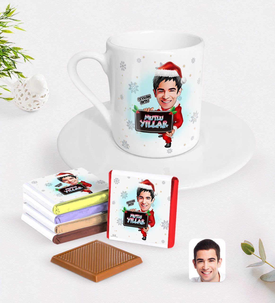 Kişiye Özel Erkek Yeni Yıl Karikatürlü Türk Kahvesi Fincanı ve Çikolata Hediye Seti-1