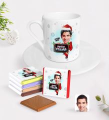Kişiye Özel Erkek Yeni Yıl Karikatürlü Türk Kahvesi Fincanı ve Çikolata Hediye Seti-1