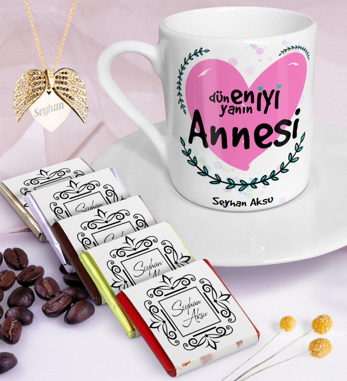 Kişiye Özel En İyi Anne Kahve Fincanı Çikolata Melek Kanadı Kolye Seti-11