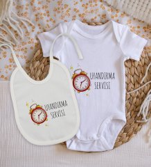 BK Kids Uyandırma Servisi Tasarımlı Bebek Body Zıbın ve Mama Önlüğü Hediye Seti - Model 1