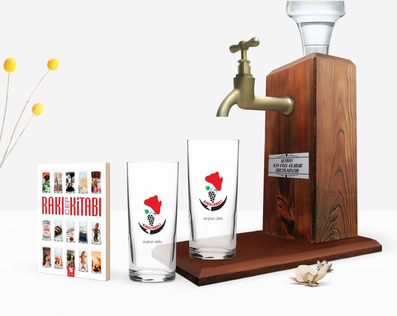 Kişiye Özel Renkli Baskılı Kırklareli Tasarımlı Turistik İkili Rakı Bardağı Ahşap Rakı Standı ve Cep Kitabı Hediye Seti-1