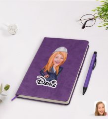 Kişiye Özel Kadın Mühendis Karikatürlü Mor Termo Deri Defter Kalem Seti Model 1