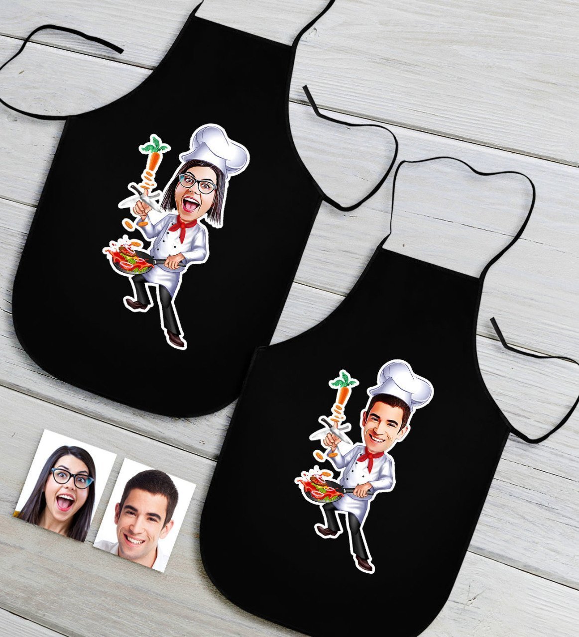 Kişiye Özel İkili Bay ve Bayan Chef Karikatürlü Siyah Mutfak Önlüğü Seti-4