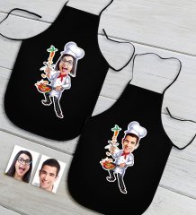 Kişiye Özel İkili Bay ve Bayan Chef Karikatürlü Siyah Mutfak Önlüğü Seti-4