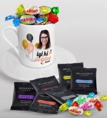 Kişiye Özel Fotoğraflı Doğum Günü Türk Kahvesi Fincanı Selamlique Karışık Türk Kahvesi ve Haribo Şeker Hediye Seti-11