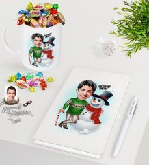 Kişiye Özel Erkek Yeni Yıl Karikatürlü Beyaz Defter Kalem Kupa ve Haribo Şeker Hediye Seti-5