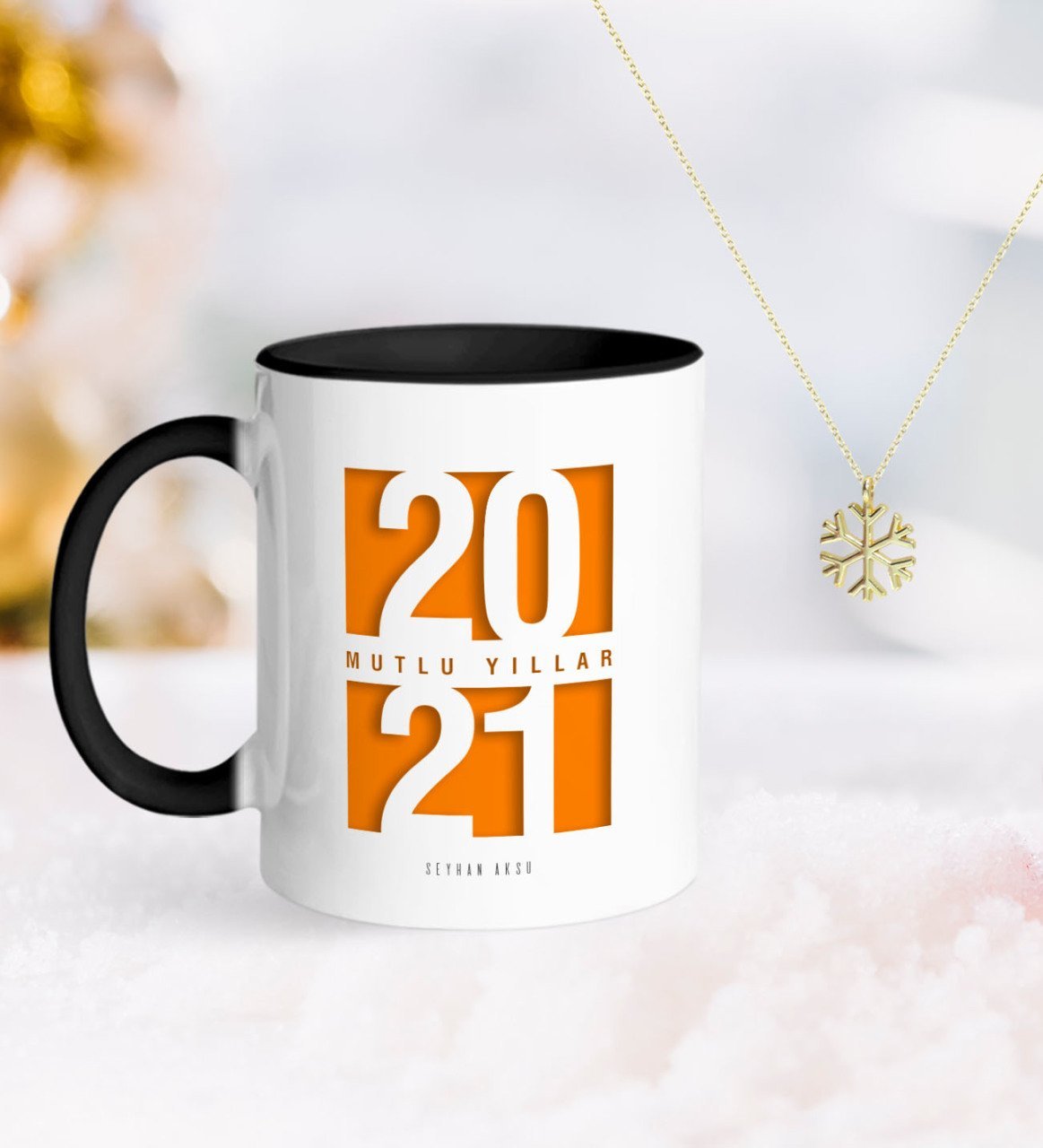 BK Gift Kişiye Özel 2023 Mutlu Yıllar Siyah Kupa ve Kar Tanesi Kolye-7