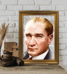 Altın Yaldız Çerçeveli A3 Atatürk Tablosu - 34