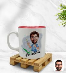 Kişiye Özel Erkek Diş Hekimi Karikatürlü İçi Kırmızı Renkli Kupa Bardak Model 4