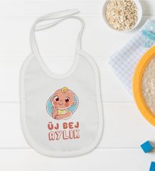 BK Kids Üj Bej Aylık Tasarımlı Beyaz Bebek Mama Önlüğü-1