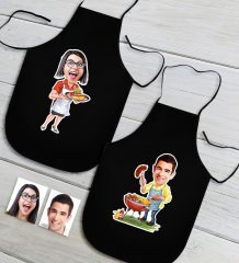 Kişiye Özel İkili Bay ve Bayan Chef Karikatürlü Siyah Mutfak Önlüğü Seti-3