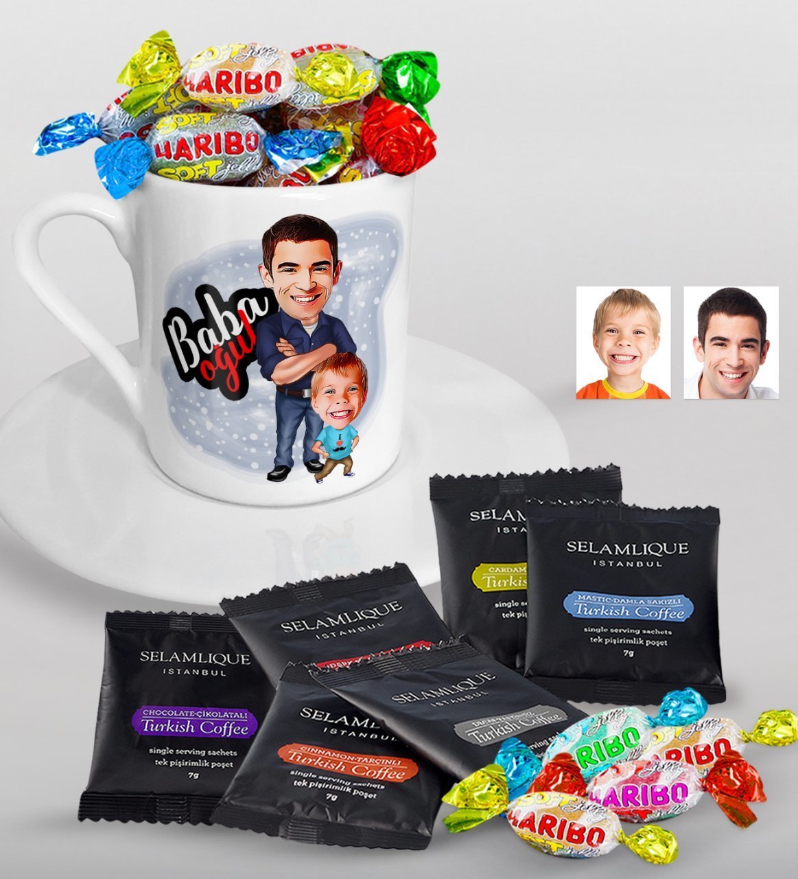 Kişiye Özel Baba Oğul Karikatürlü Türk Kahvesi Fincanı Selamlique Karışık Türk Kahvesi ve Haribo Şeker Hediye Seti-5
