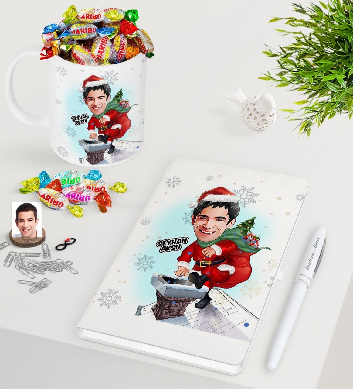 Kişiye Özel Erkek Yeni Yıl Karikatürlü Beyaz Defter Kalem Kupa ve Haribo Şeker Hediye Seti-2