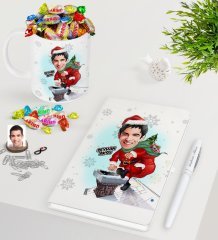 Kişiye Özel Erkek Yeni Yıl Karikatürlü Beyaz Defter Kalem Kupa ve Haribo Şeker Hediye Seti-2