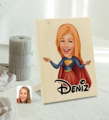 Kişiye Özel İsimli Süper Girl Karikatürlü Dekoratif Ahşap Çerçeve Model 1