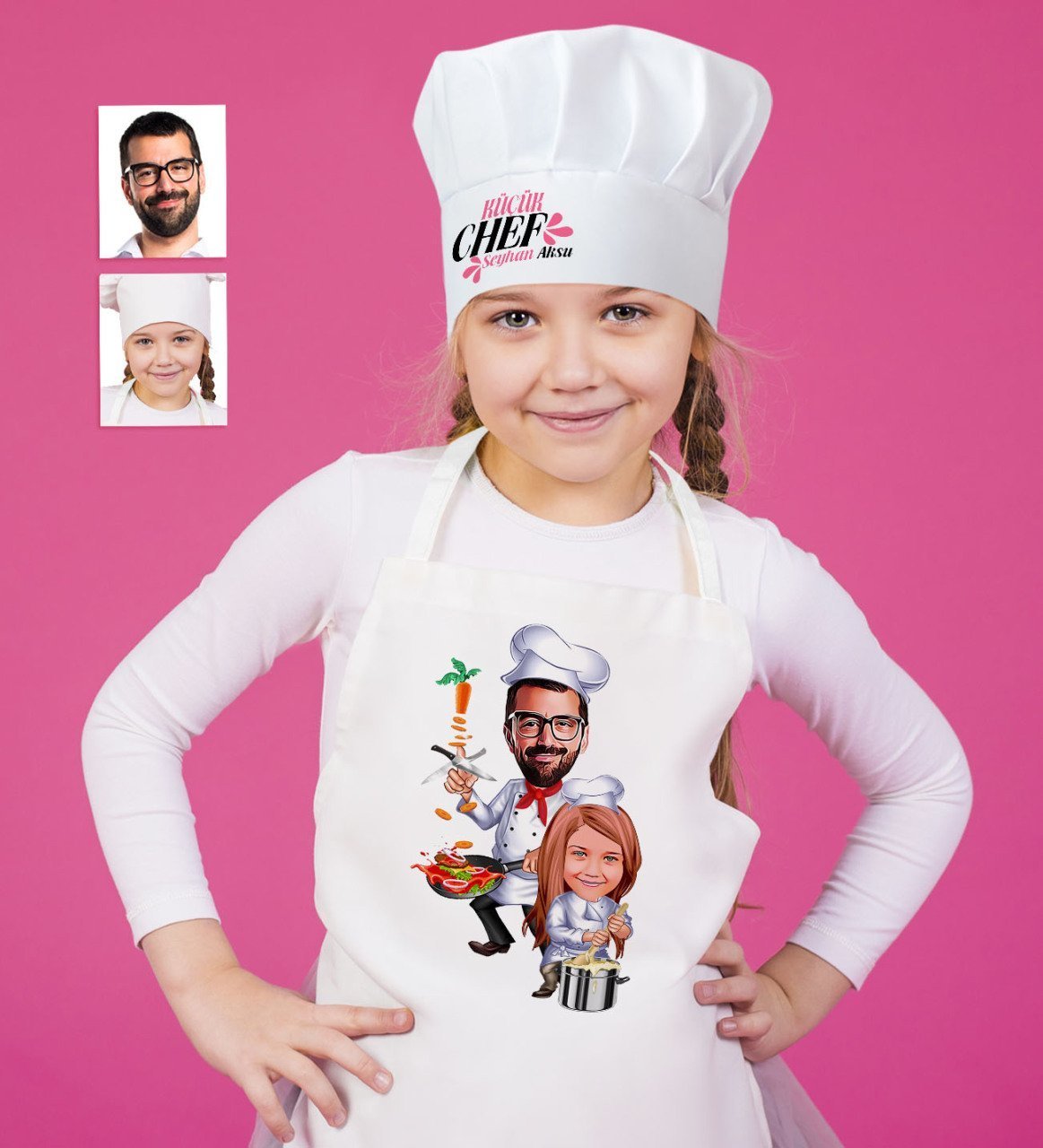Kişiye Özel Baba Kız Karikatürlü Çocuk Mutfak Önlüğü ve Aşçı Şapkası Seti