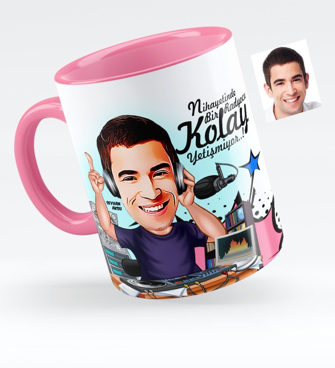 Kişiye Özel Bay Radyocu Karikatürlü Pembe Kupa Bardak - 1