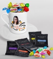 Kişiye Özel Fotoğraflı Doğum Günü Türk Kahvesi Fincanı Selamlique Karışık Türk Kahvesi ve Haribo Şeker Hediye Seti-9