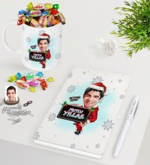 Kişiye Özel Erkek Yeni Yıl Karikatürlü Beyaz Defter Kalem Kupa ve Haribo Şeker Hediye Seti-1